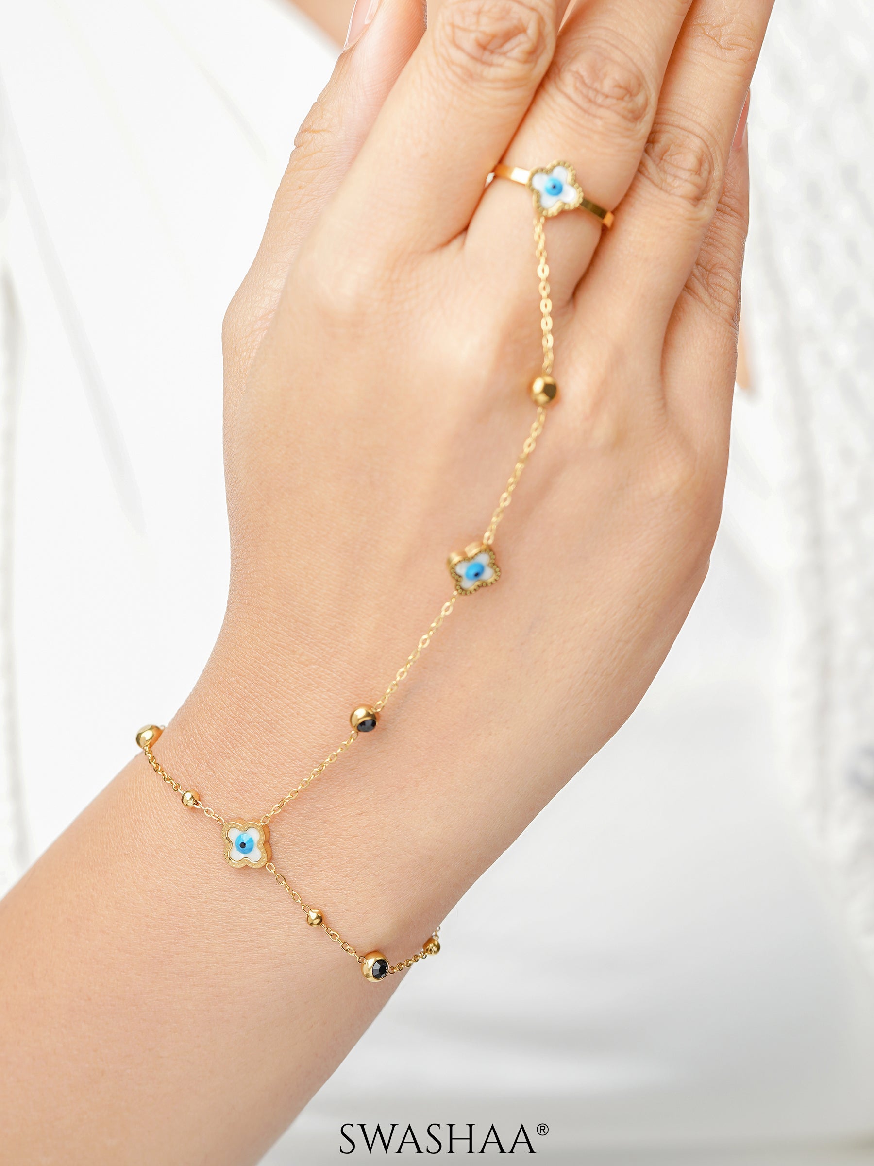 Anaya Evil Eye Clover 18K Gold Plated Ring Bracelet