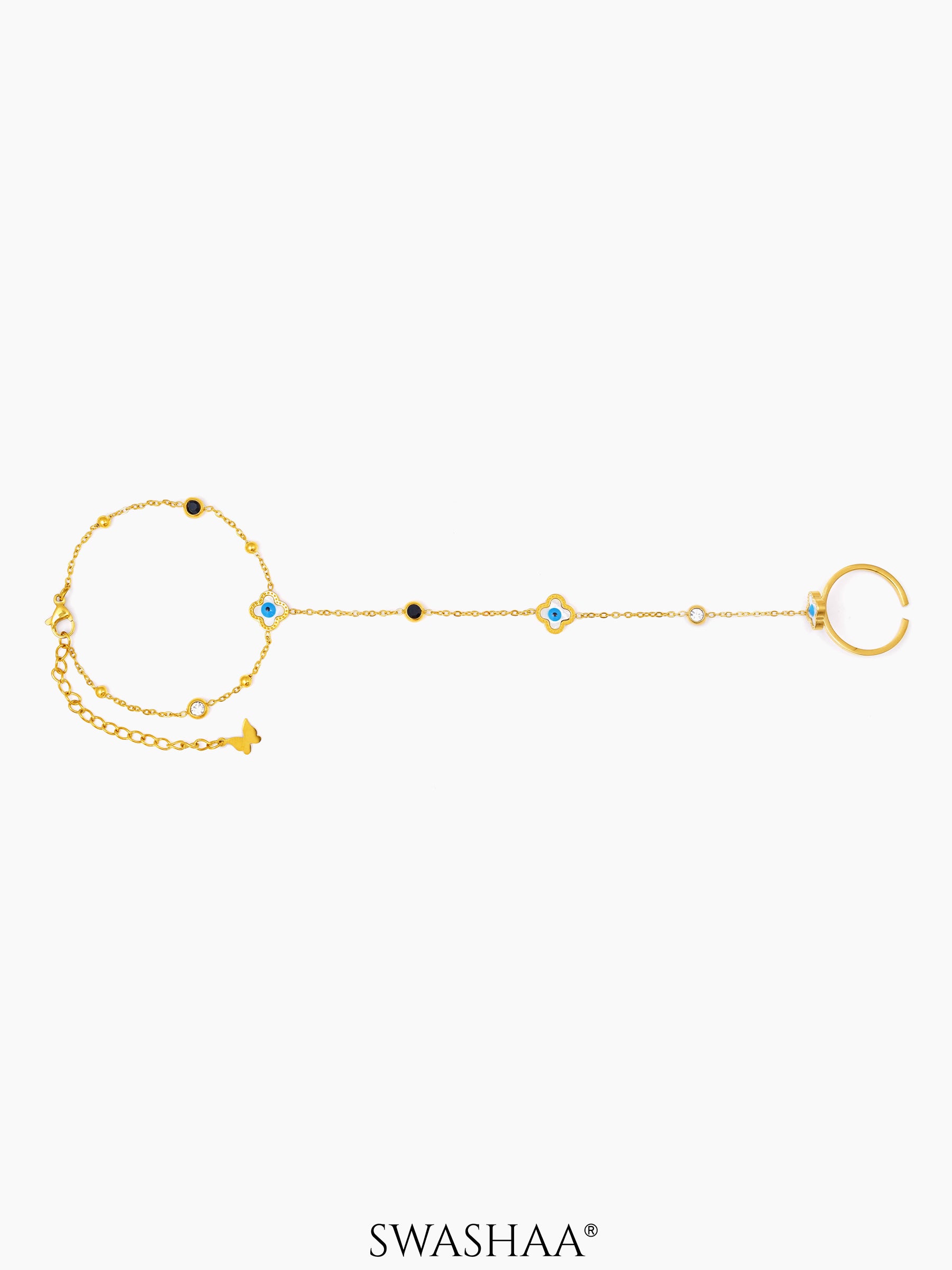 Anaya Evil Eye Clover 18K Gold Plated Ring Bracelet