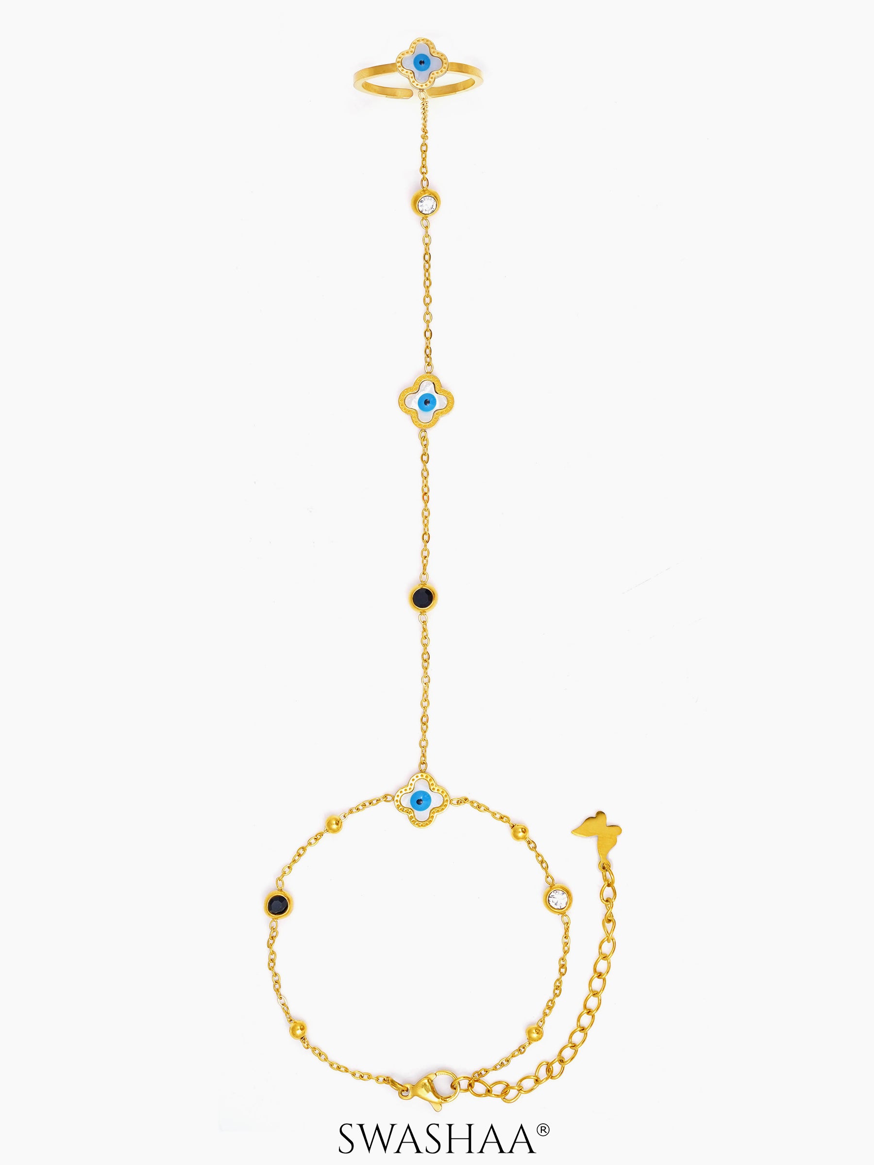 Anaya Evil Eye Clover 18K Gold Plated Ring Bracelet Gold