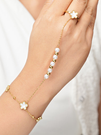Anvika White Enamel Flower 18K Gold Plated Ring Bracelet