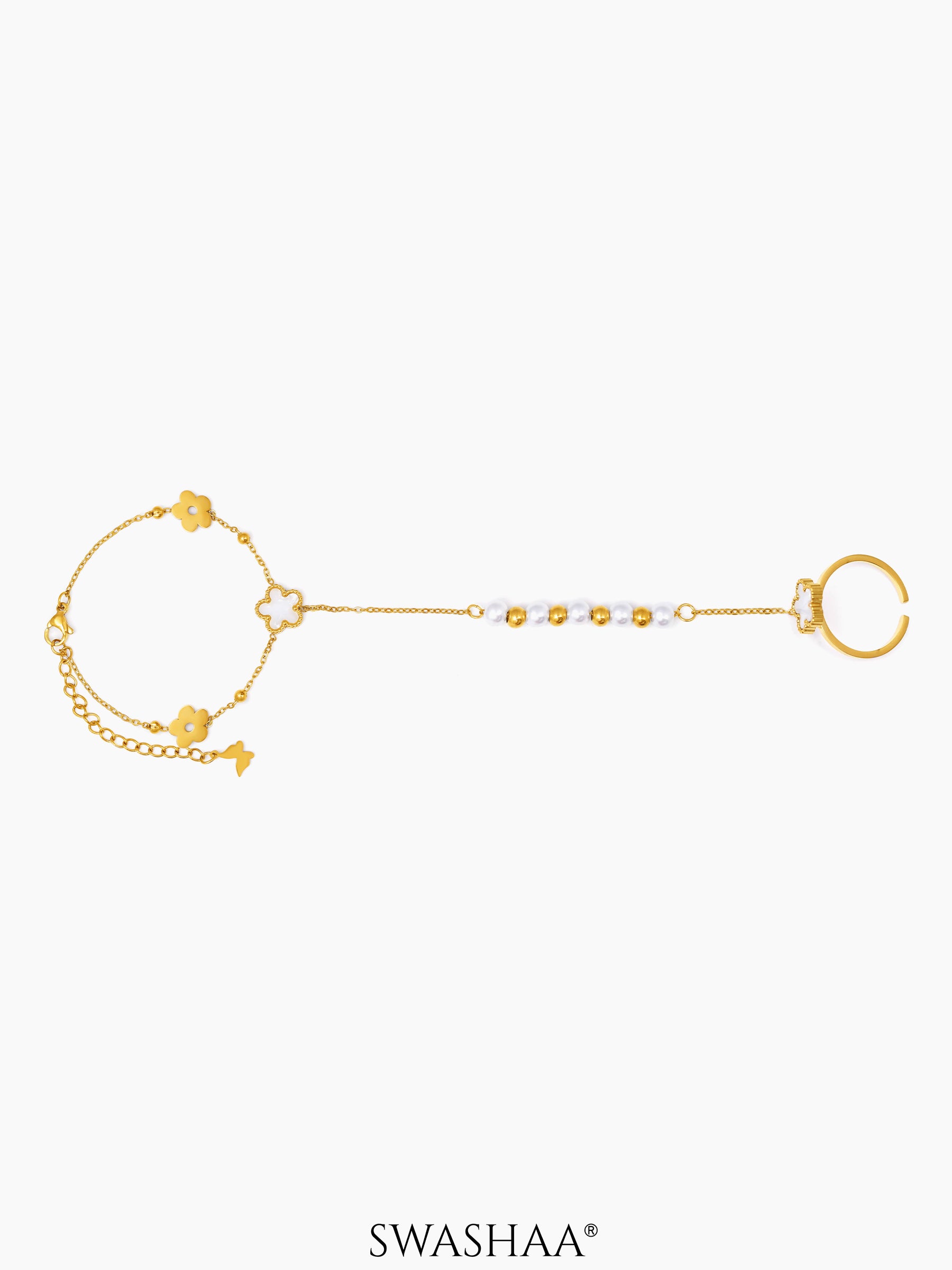 Anvika White Enamel Flower 18K Gold Plated Ring Bracelet
