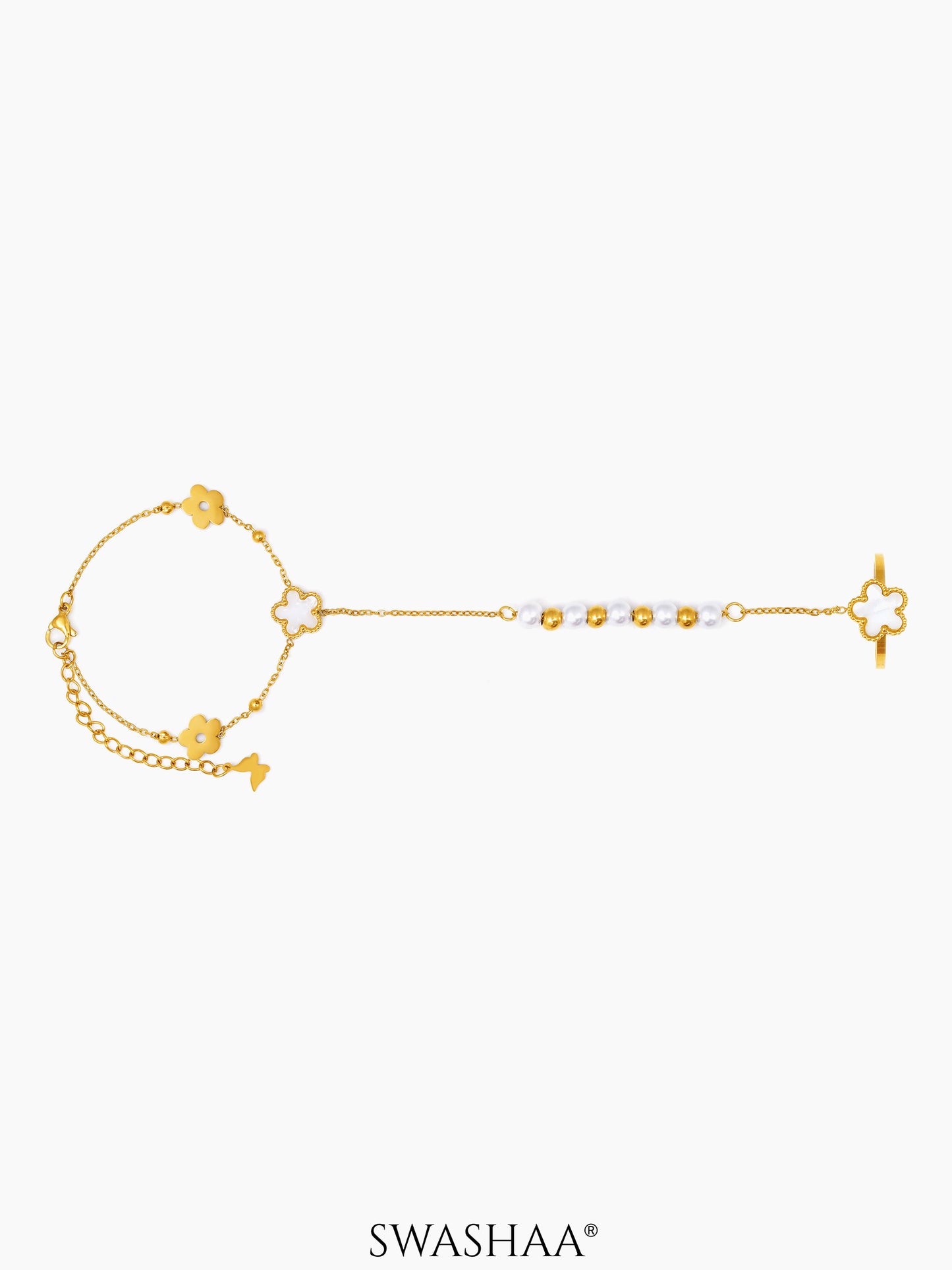 Anvika White Enamel Flower 18K Gold Plated Ring Bracelet