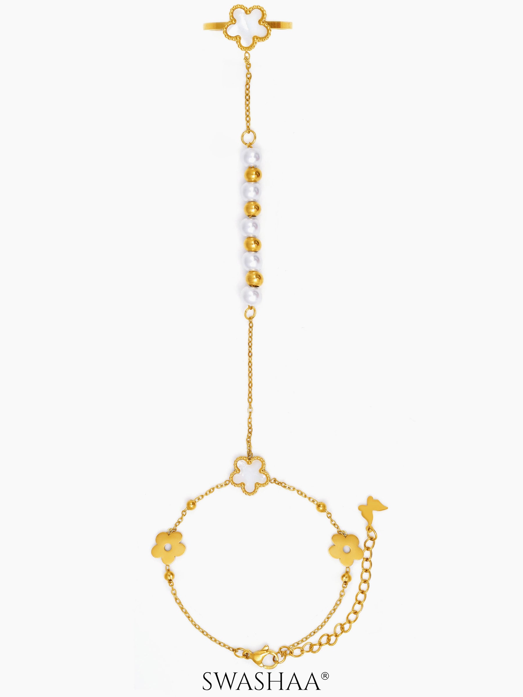 Anvika White Enamel Flower 18K Gold Plated Ring Bracelet Gold