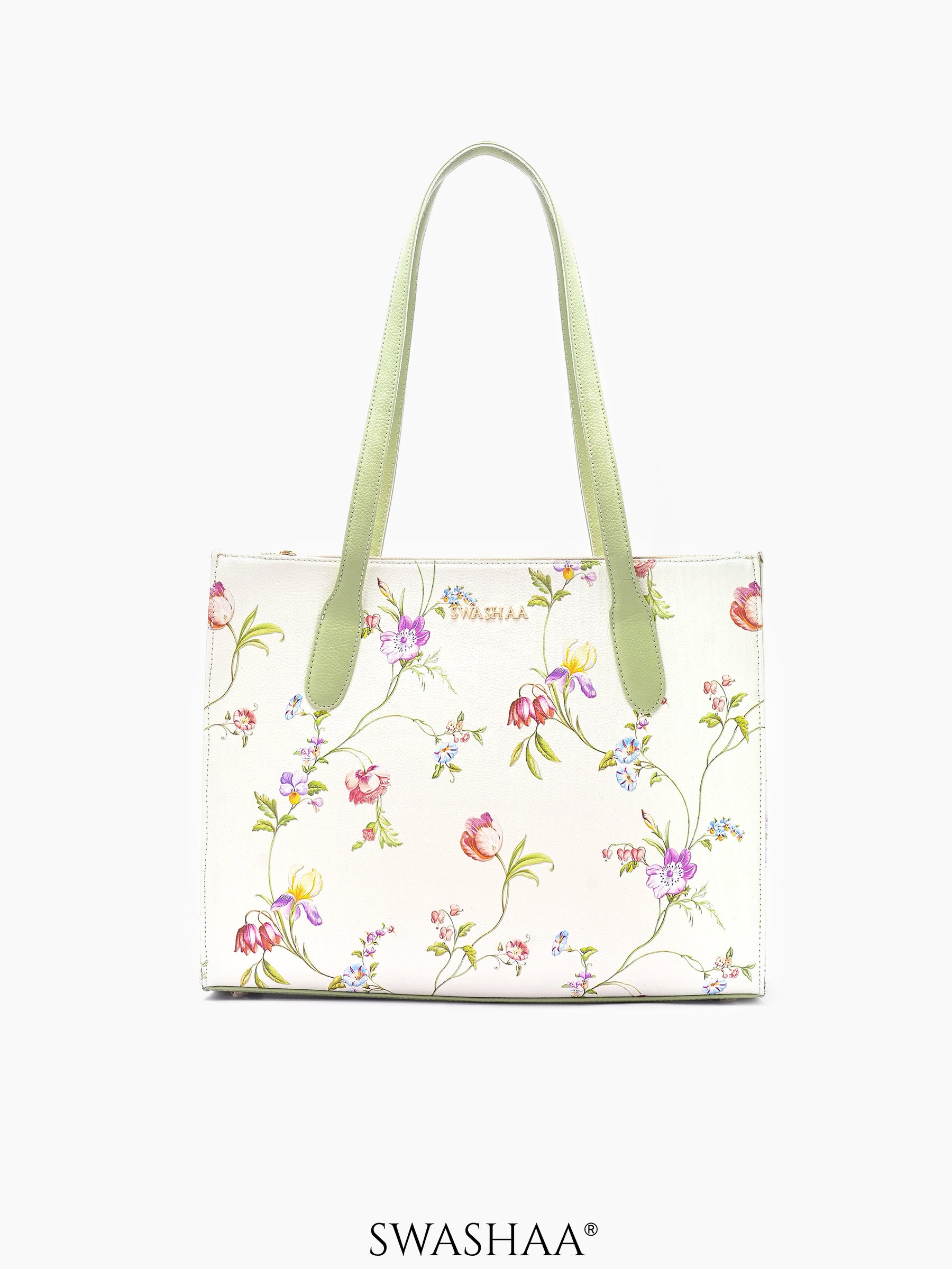 Ashno Leather Tote Bag Floral White
