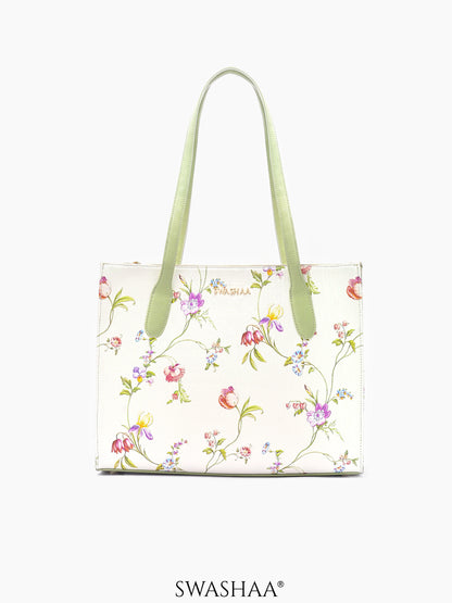 Ashno Leather Tote Bag Floral White