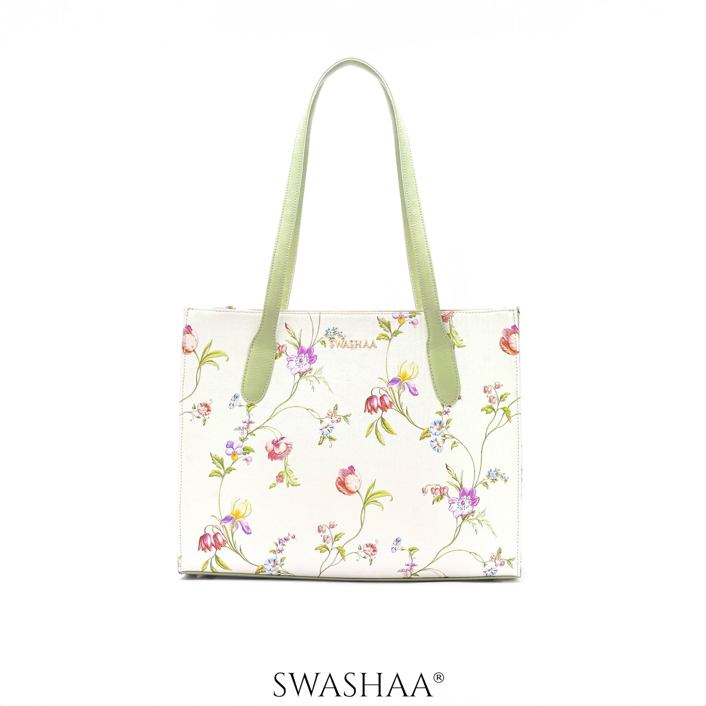 Ashno Leather Tote Bag Floral White
