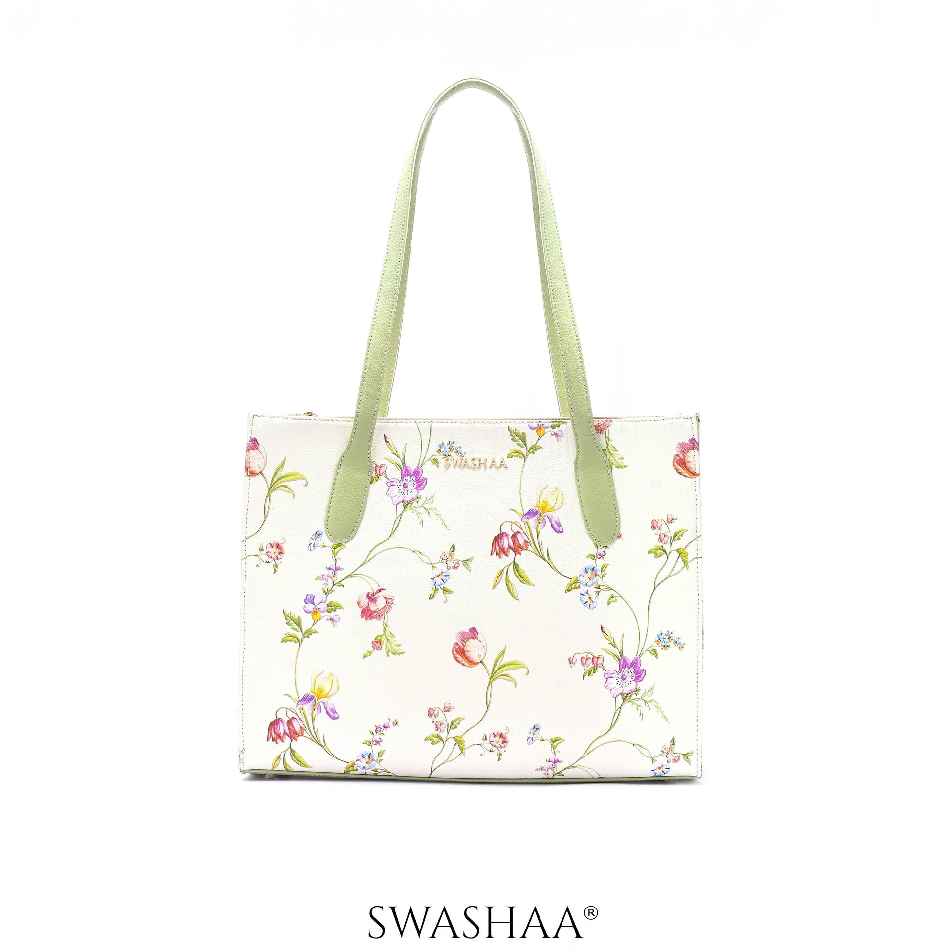 Ashno Leather Tote Bag Floral White