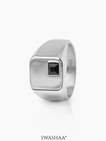 Axeon Black Diamond Signet Men's Ring Silver