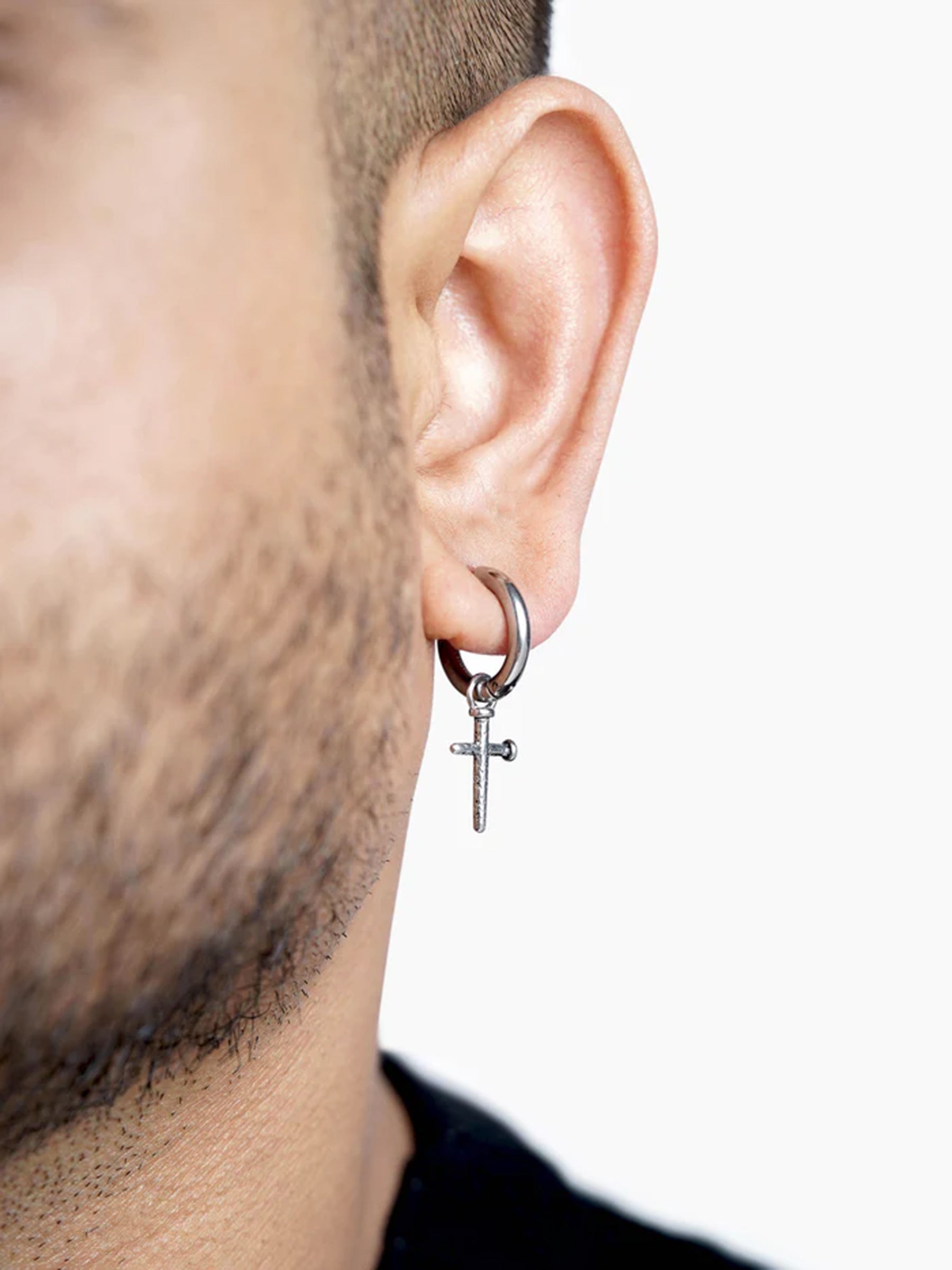 Axton Cross Drop Silver Men's Hoop Earrings