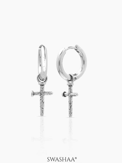 Axton Cross Drop Men's Hoop Earrings Silver