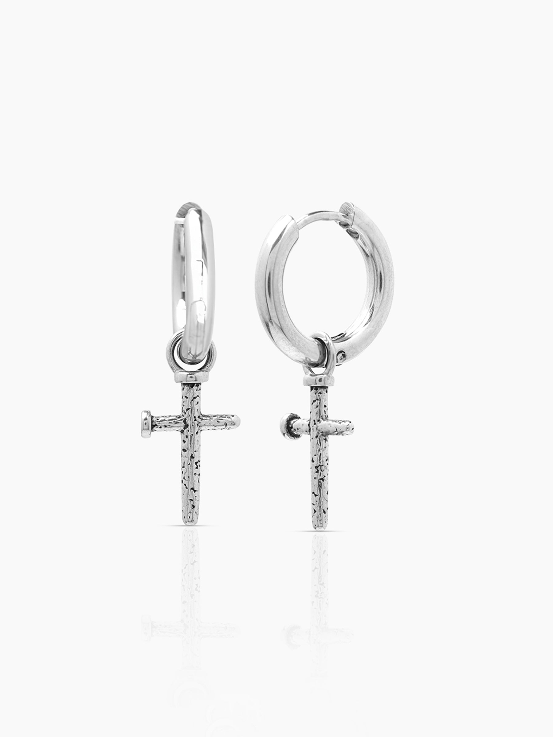 Axton Cross Drop Silver Men's Hoop Earrings Silver