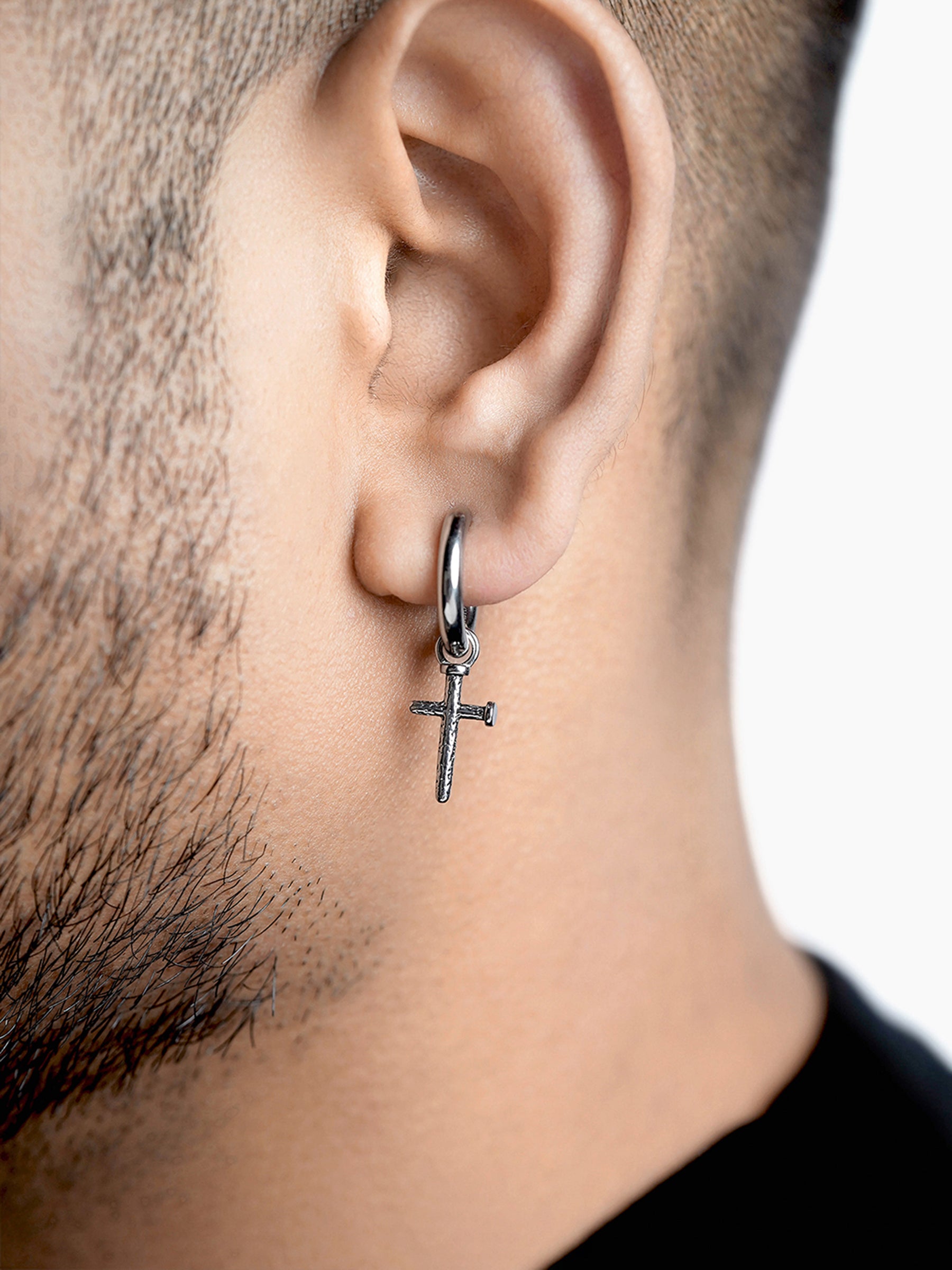 Axton Cross Drop Silver Men's Hoop Earrings