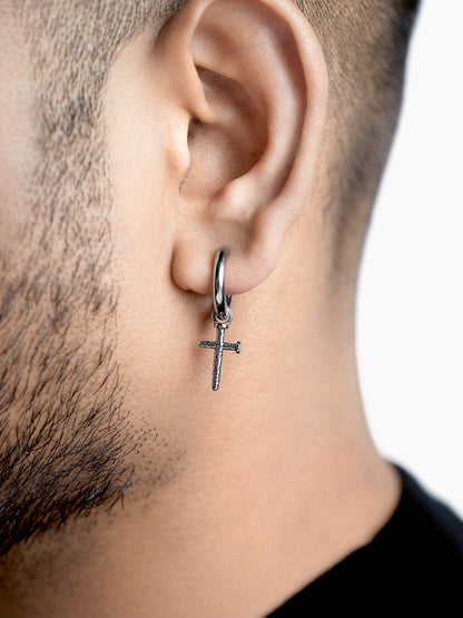 Axton Cross Drop Silver Men's Hoop Earrings