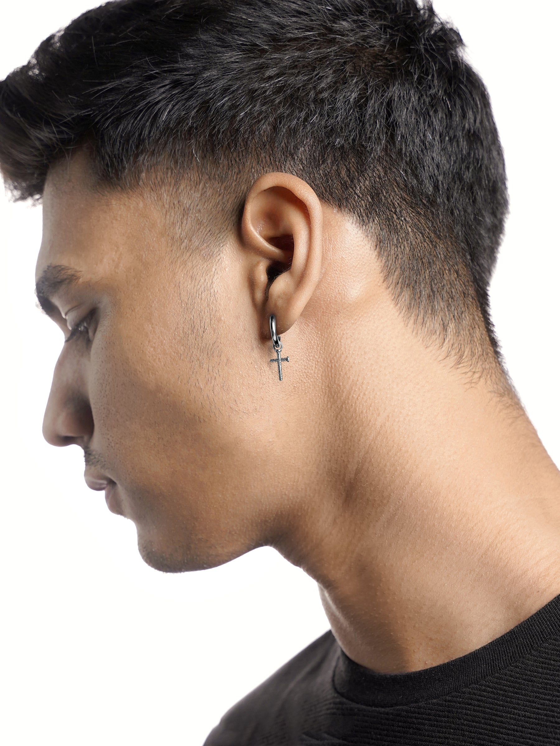 Axton Cross Drop Silver Men's Hoop Earrings