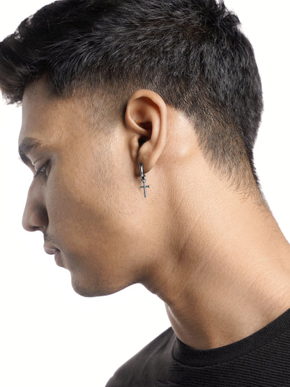 Axton Cross Drop Silver Men's Hoop Earrings