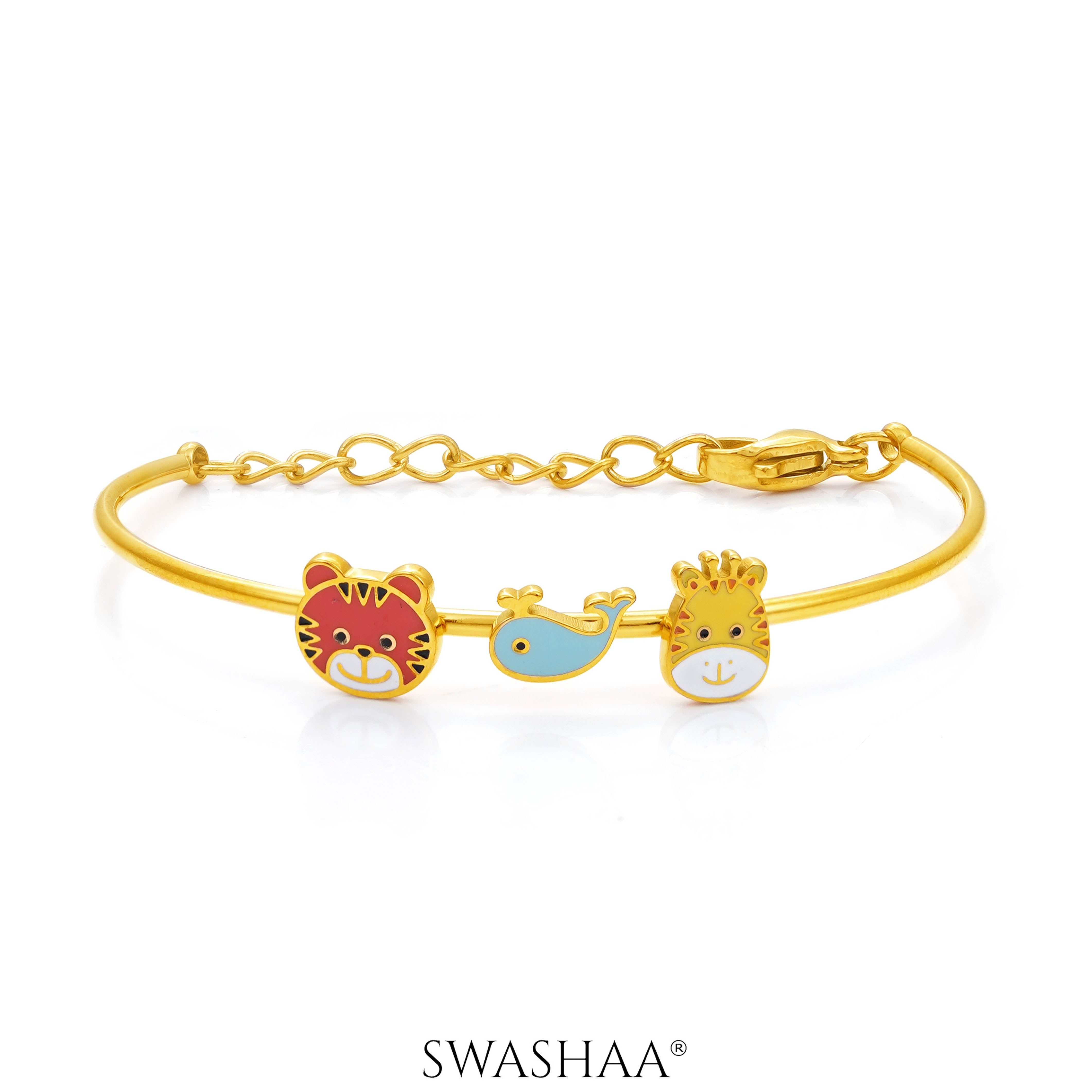 Baby Animal Charms 18K Gold Plated Kid's Kada Bracelet Gold