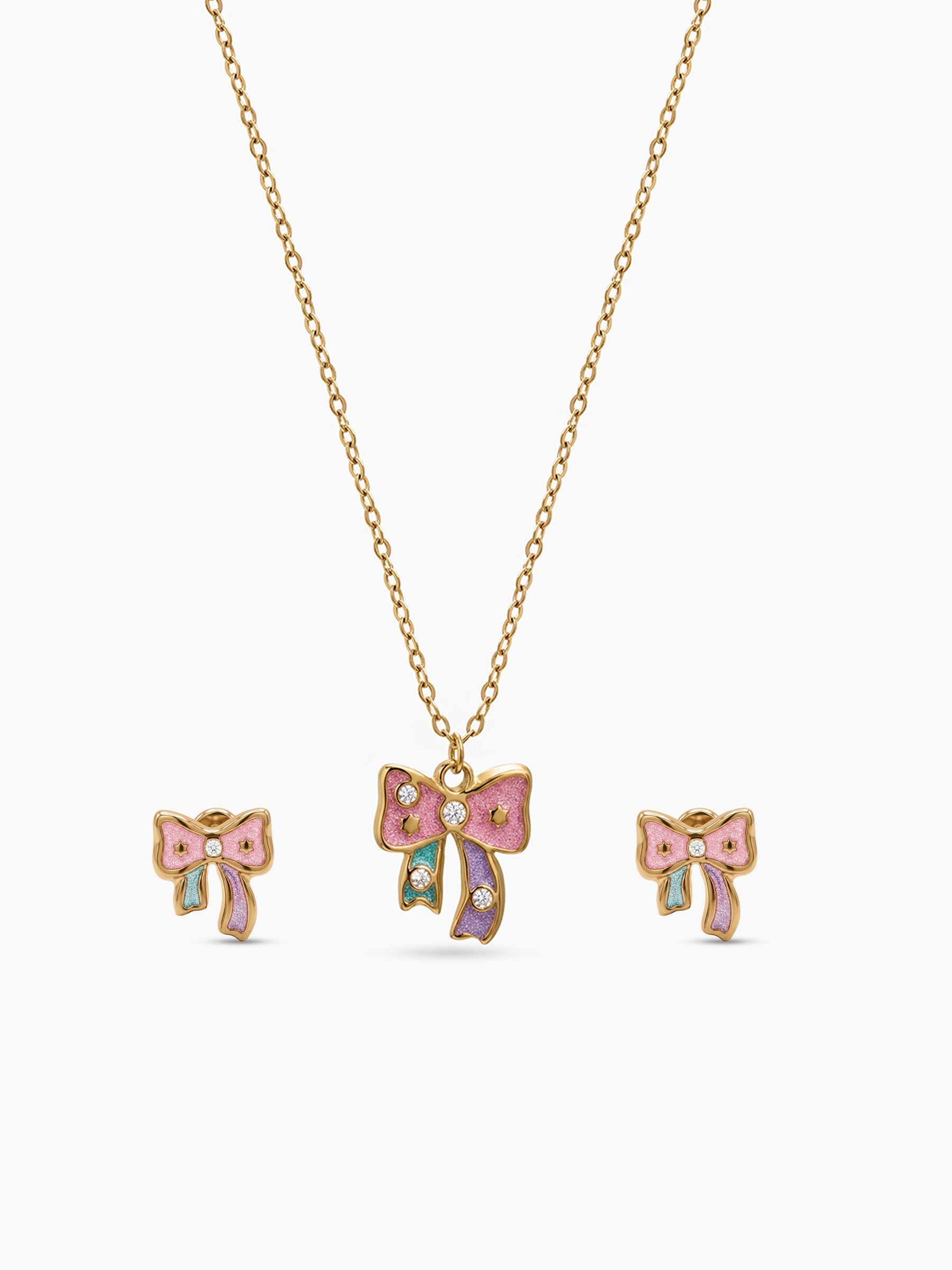 Blinky Bow Diamond 18K Gold Plated Kid's Jewelry Set Of 2 - Necklace & Earrings Gold
