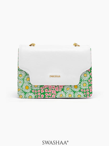 Blooming Bliss Green Leather Sling Bag White - Daisy Green