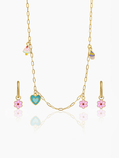 Blossom Love Charms 18K Gold Plated Kid's Jewelry Set Of 2 - Necklace & Earrings Gold