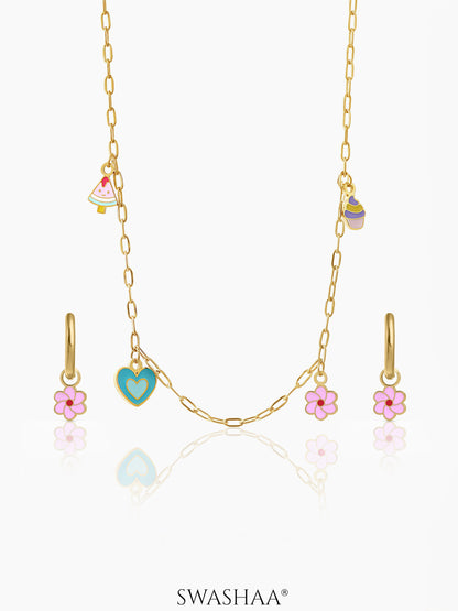 Blossom Love Charms Kid's Jewelry Set Of 2 - Necklace & Earrings 18K Gold Plated