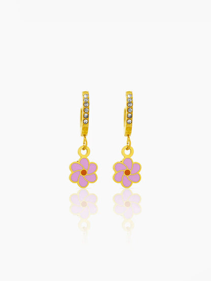 Blossom Pink Flower Charm 18K Gold Plated Kid's Hoops Earrings
