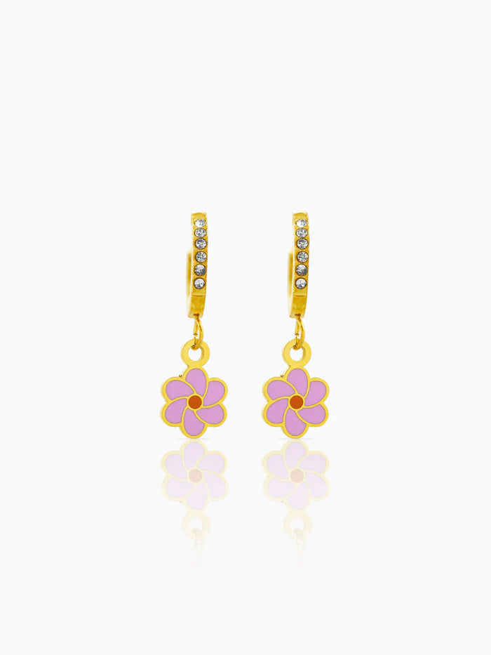 Blossom Pink Flower Charm 18K Gold Plated Kid's Hoops Earrings