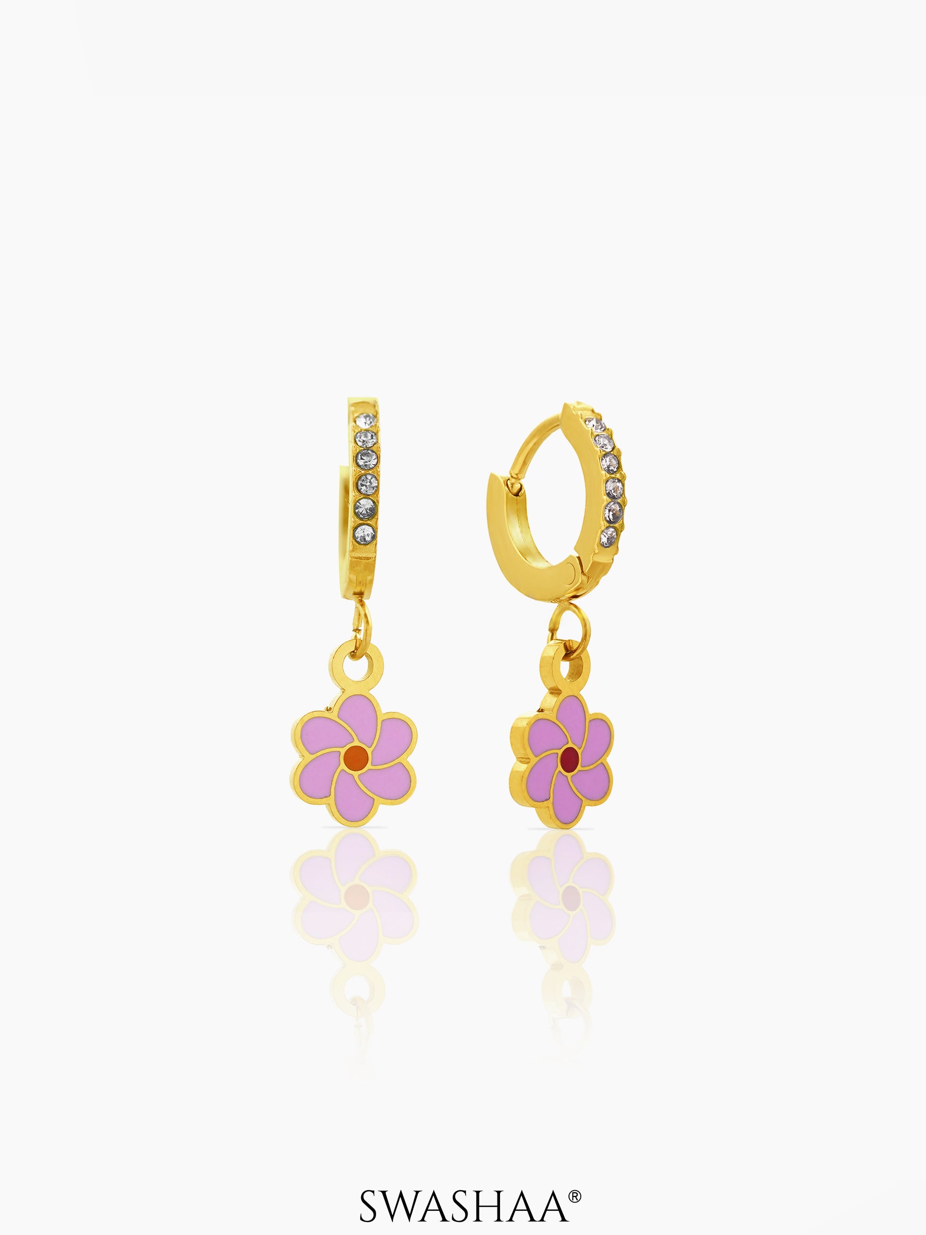 Blossom Pink Flower Charm 18K Gold Plated Kid's Hoops Earrings