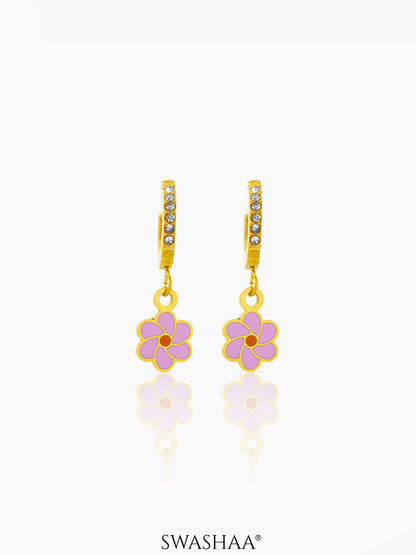 Blossom Pink Flower Charm 18K Gold Plated Kid's Hoops Earrings