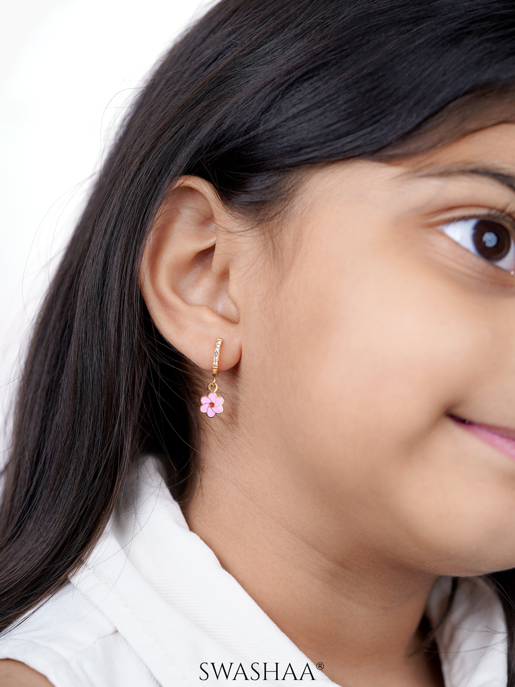 Blossom Pink Flower Charm 18K Gold Plated Kid's Hoops Earrings