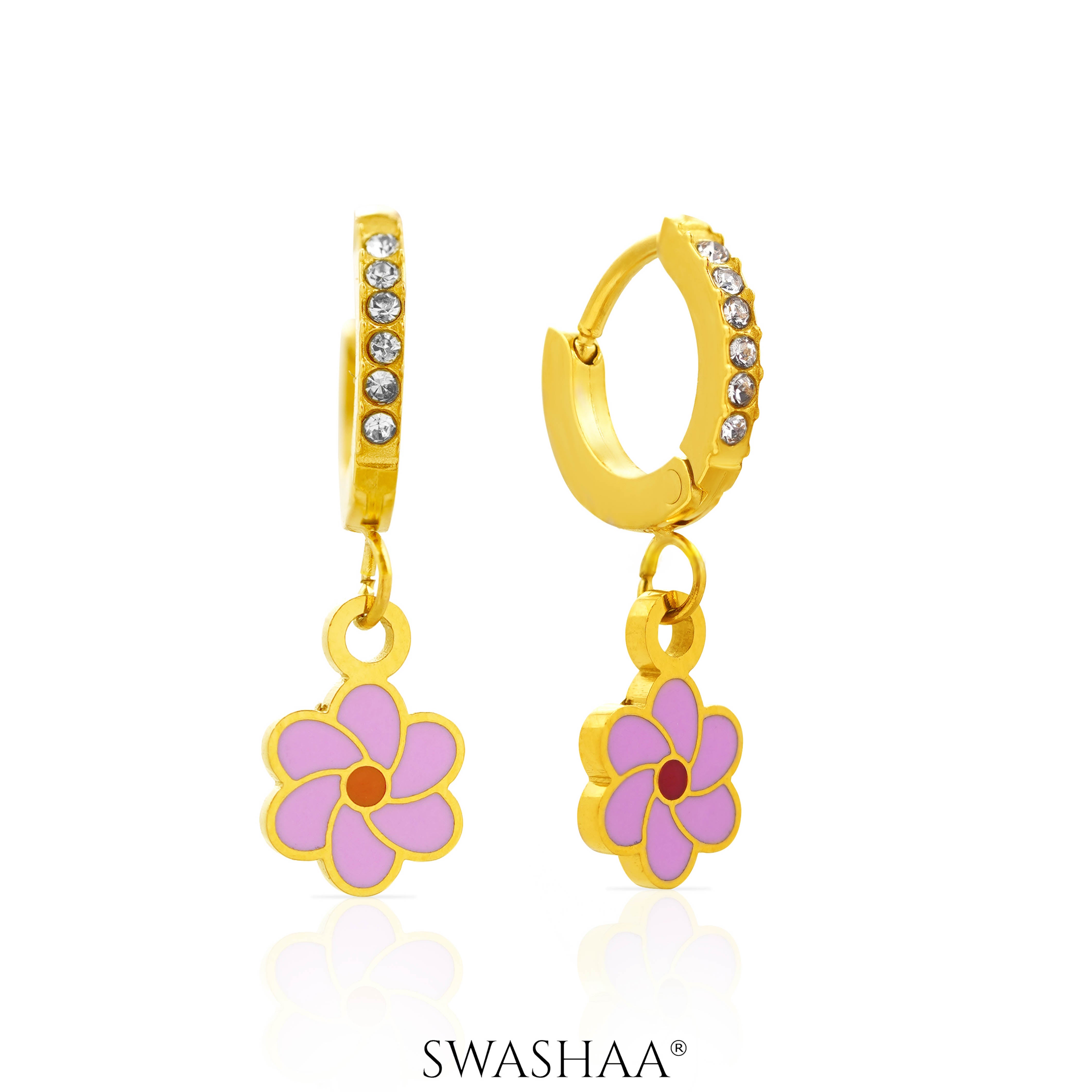 Blossom Pink Flower Charm 18K Gold Plated Kid's Hoops Earrings Gold
