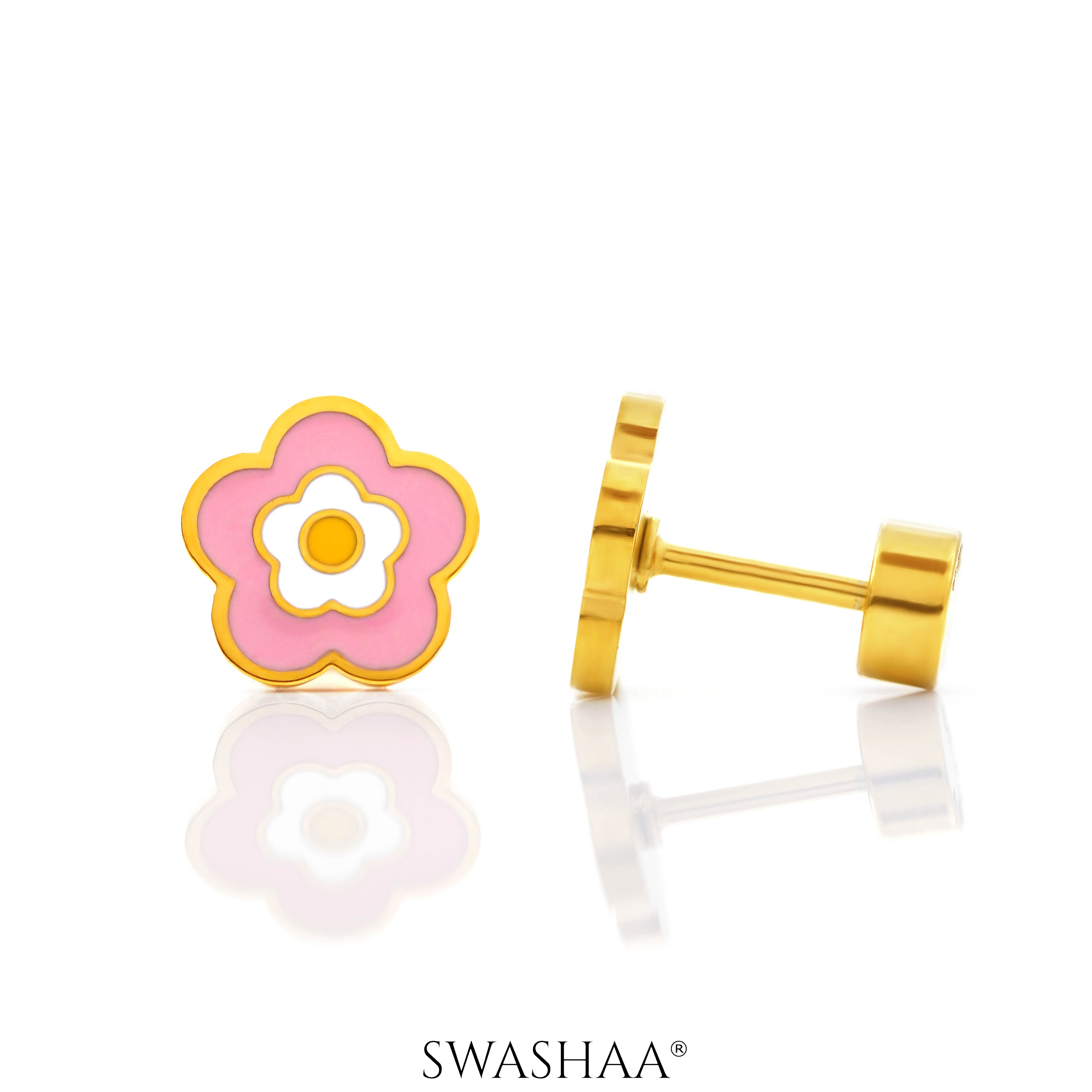 Blush Pink Flower Charm 18K Gold Plated Kid's Earrings Gold