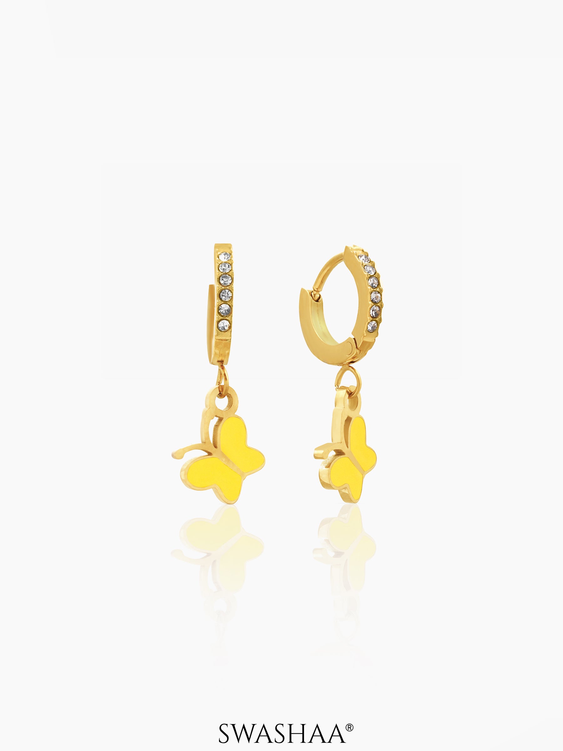 Buzzy Yellow Butterfly Diamond Loop 18K Gold Plated Kid's Hoops Earrings