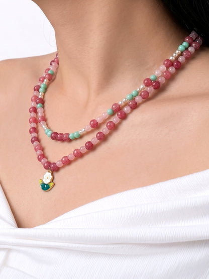 Cherry Pink Women’s Layered Beaded Necklace
