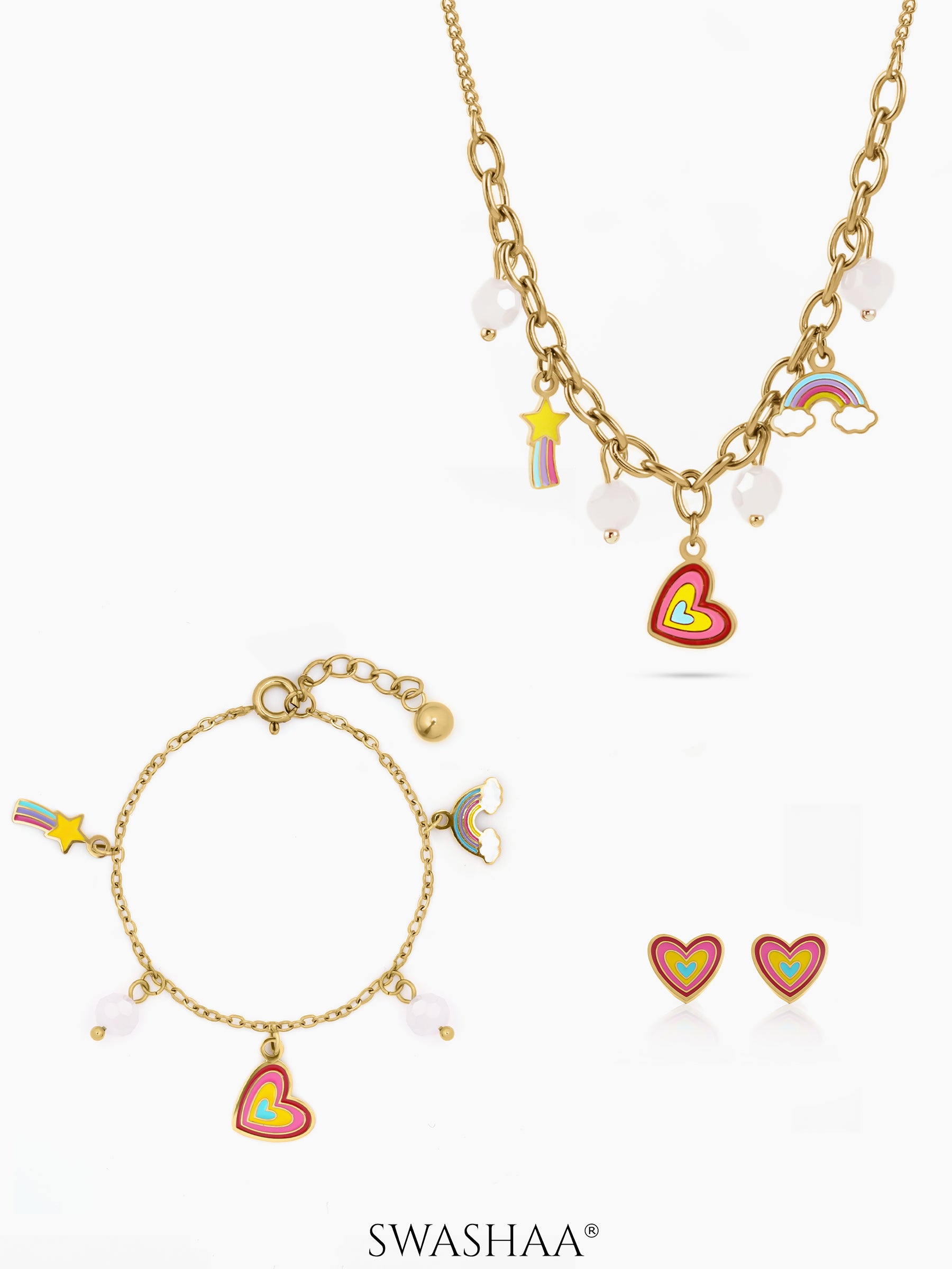 Dora Charms Kid's Jewelry Set Of 3 - Necklace, Bracelet & Earrings 18K Gold Plated