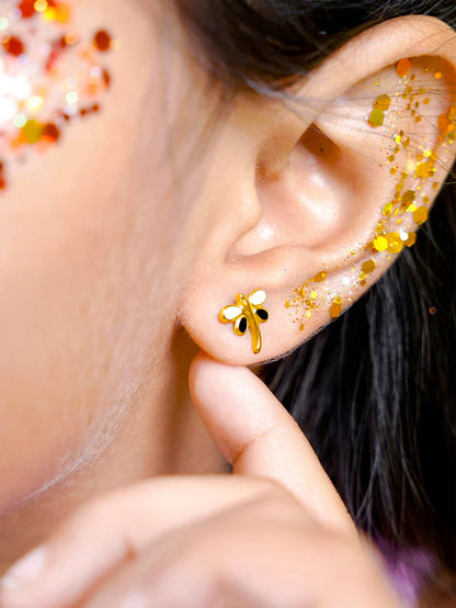 Dragonfly White - Black 18K Gold Plated Kid's Earrings