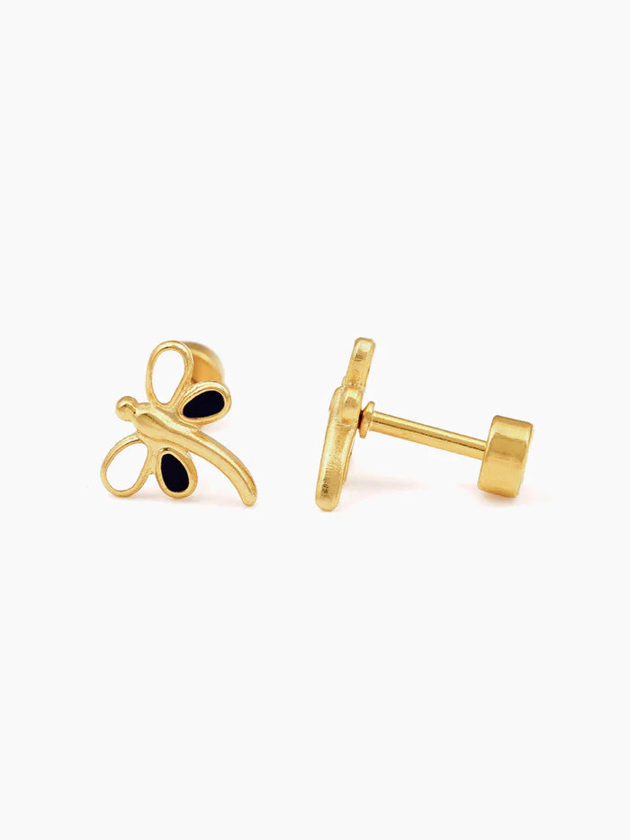 Dragonfly White - Black 18K Gold Plated Kid's Earrings White - Black
