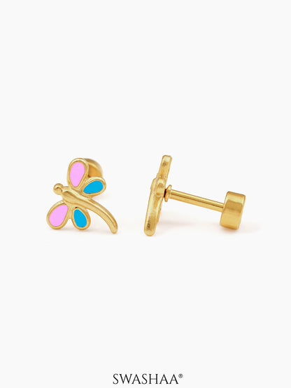 Dragonfly 18K Gold Plated Kid's Earrings Pink - Sky Blue