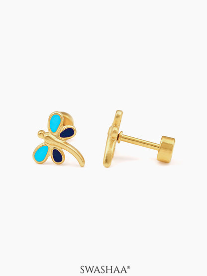Dragonfly 18K Gold Plated Kid's Earrings Sky Blue - Navy Blue