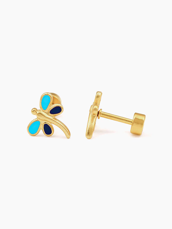 Dragonfly 18K Gold Plated Kid's Earrings Sky Blue - Navy Blue