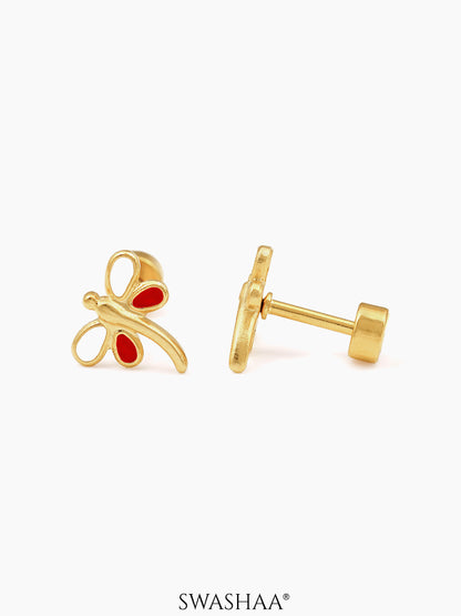 Dragonfly 18K Gold Plated Kid's Earrings White - Red