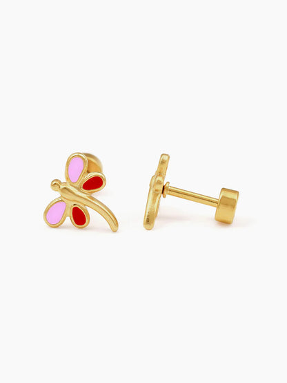 Dragonfly Pink - Red 18K Gold Plated Kid's Earrings Pink - Red