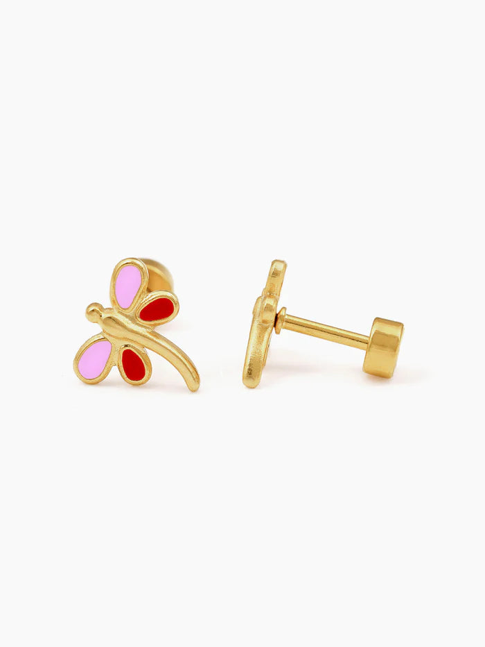 Dragonfly Pink - Red 18K Gold Plated Kid's Earrings Pink - Red