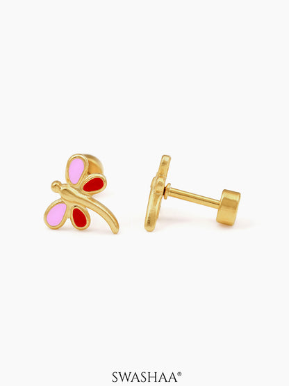 Dragonfly 18K Gold Plated Kid's Earrings Pink - Red