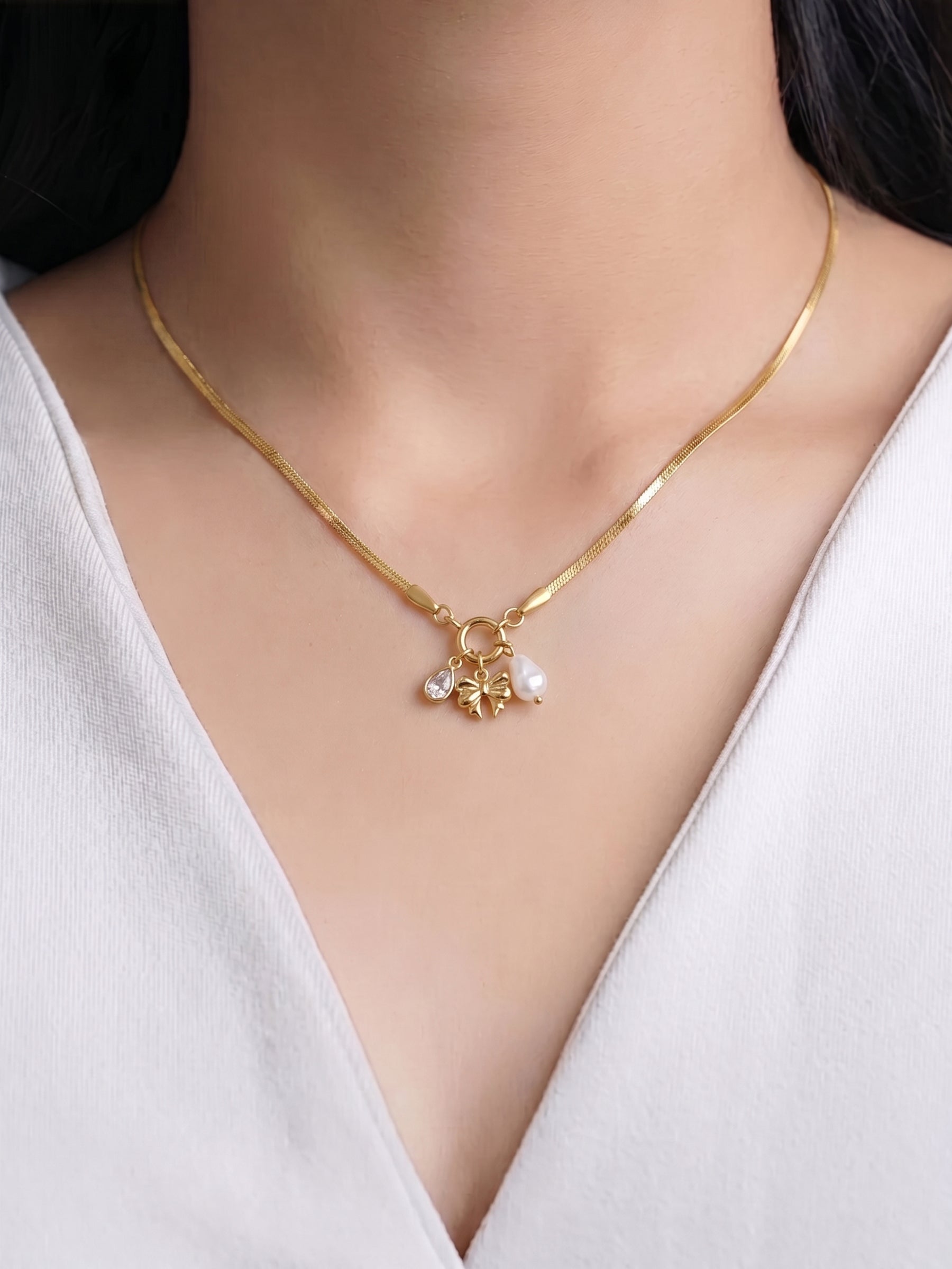 Dreamscape Bow & Pearl Charms Necklace
