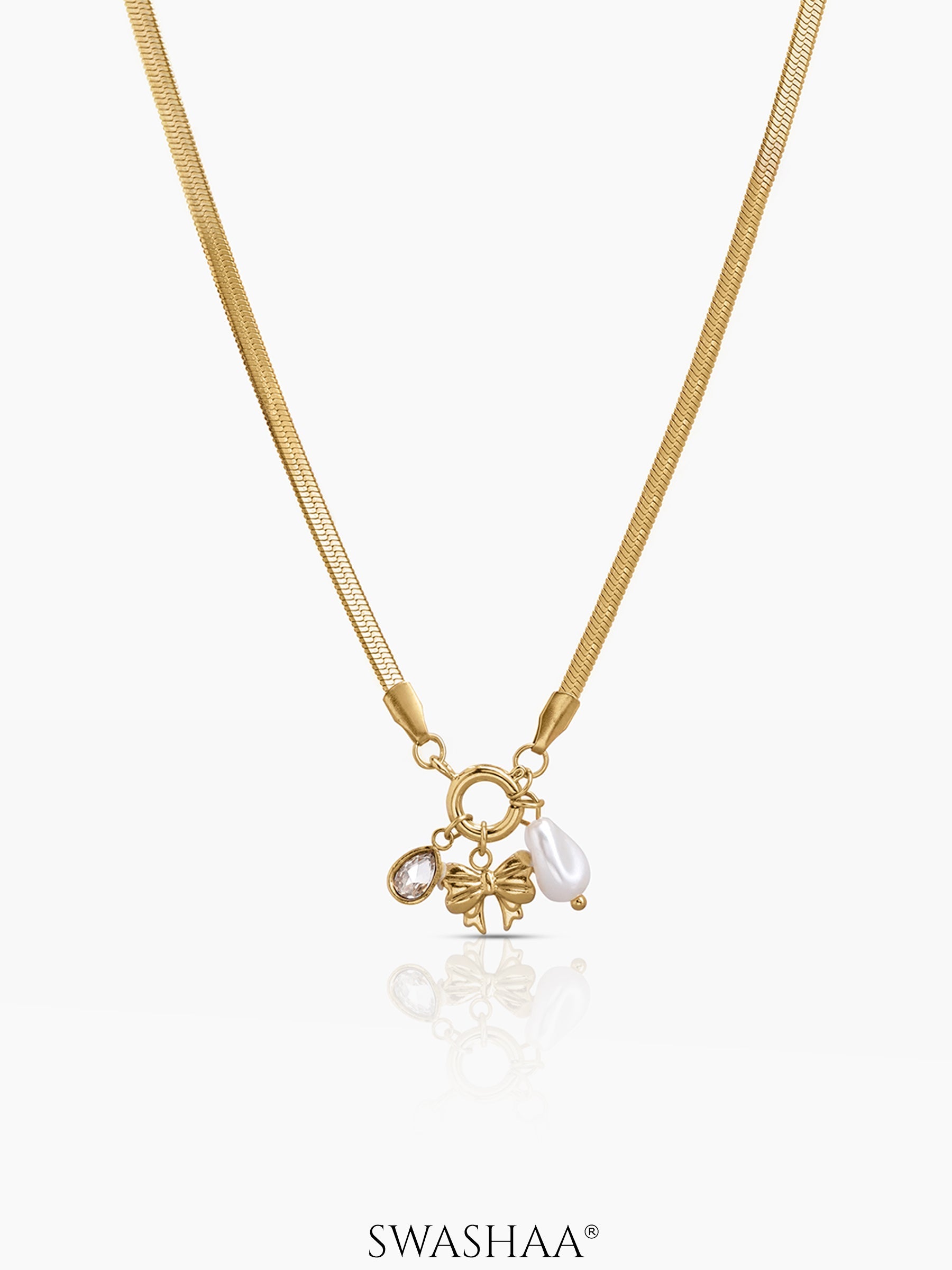 Dreamscape Bow & Pearl Charms Necklace 18K Gold Plated