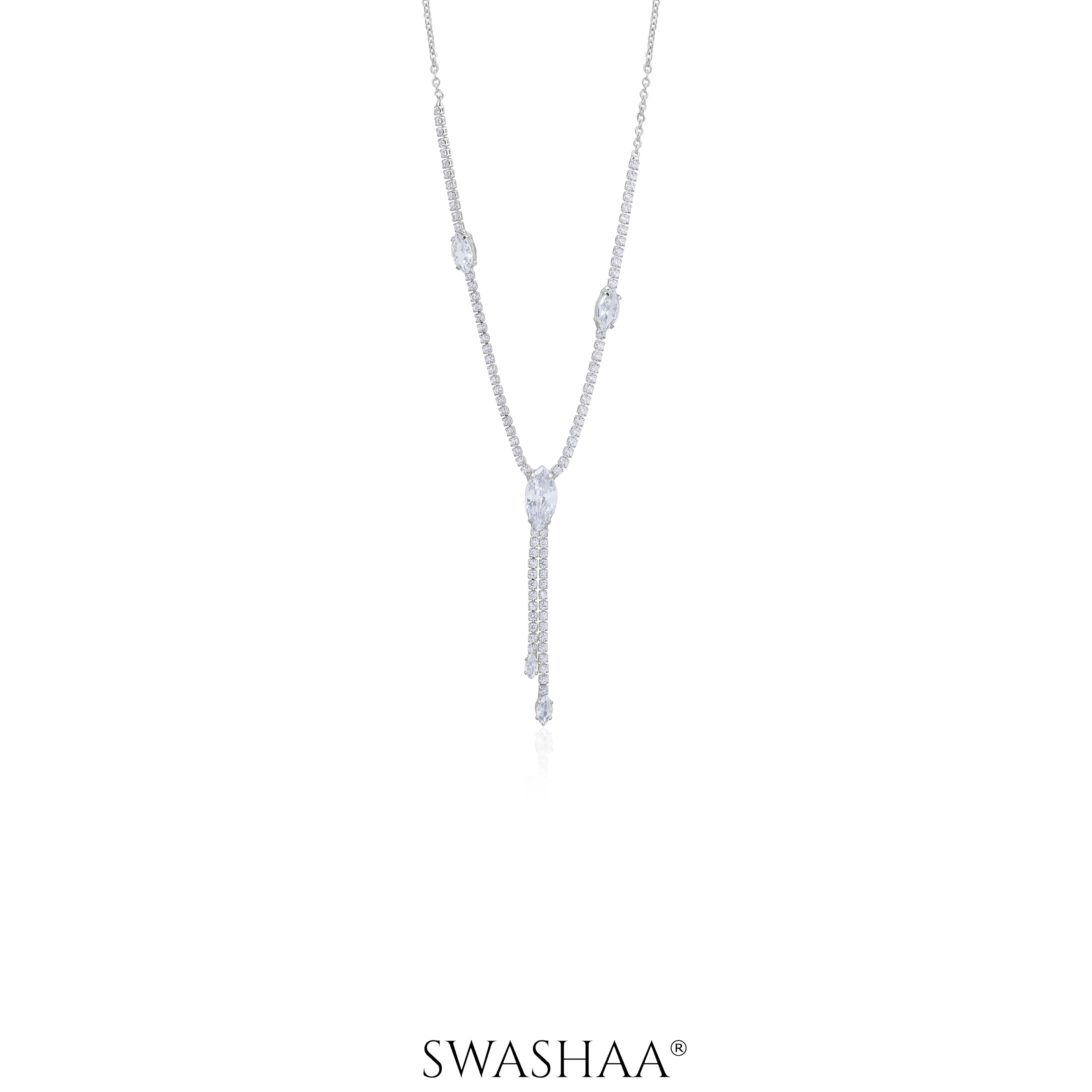 Elsie Oval Crystal Drop Y-shaped Necklace Silver