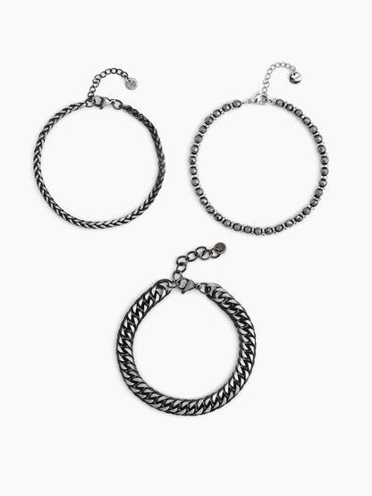 Evran Chain Beaded Silver - Black Men’s Bracelet Set