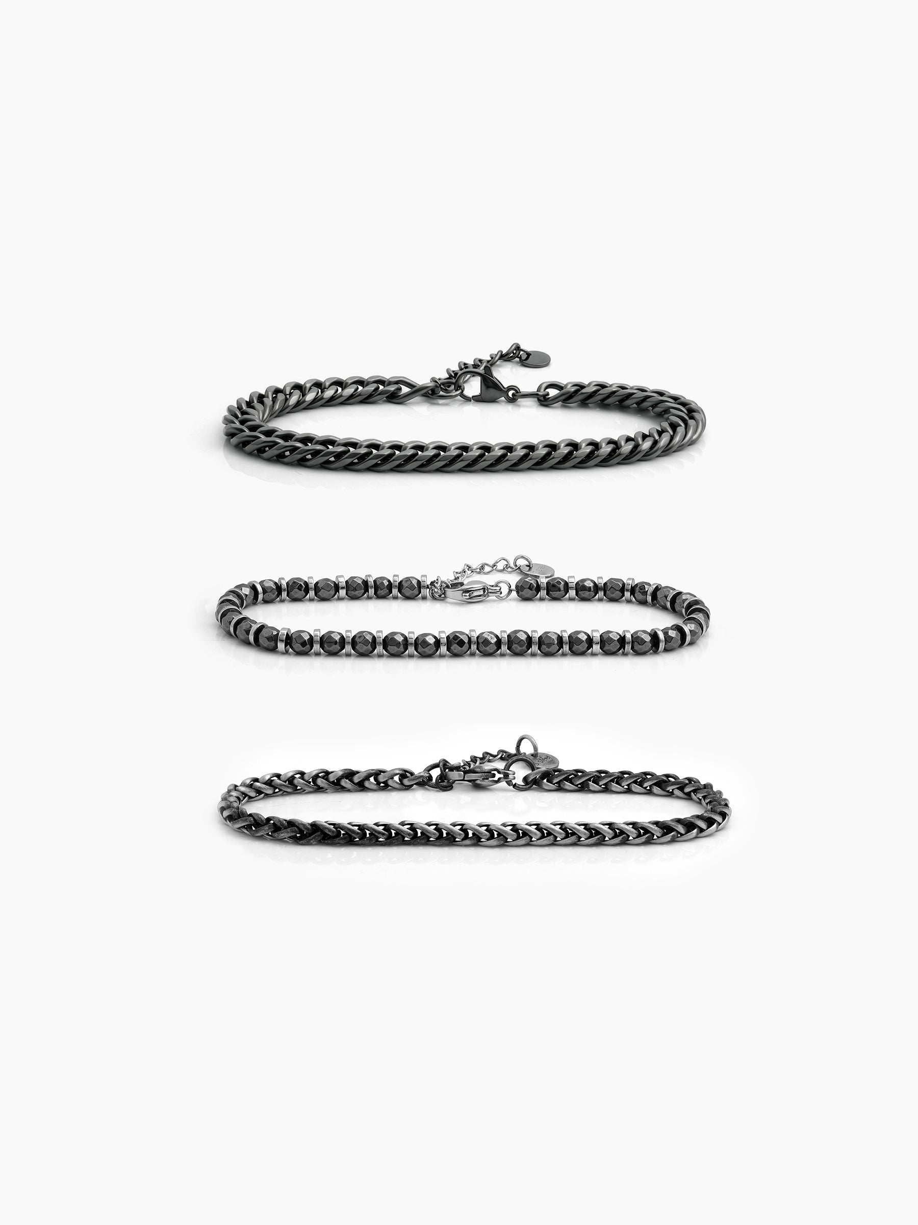 Evran Chain Beaded Silver - Black Men’s Bracelet Set Silver-Black
