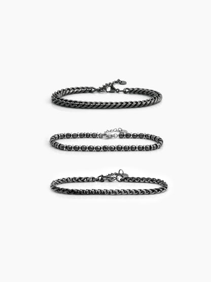 Evran Chain Beaded Silver - Black Men’s Bracelet Set Silver-Black