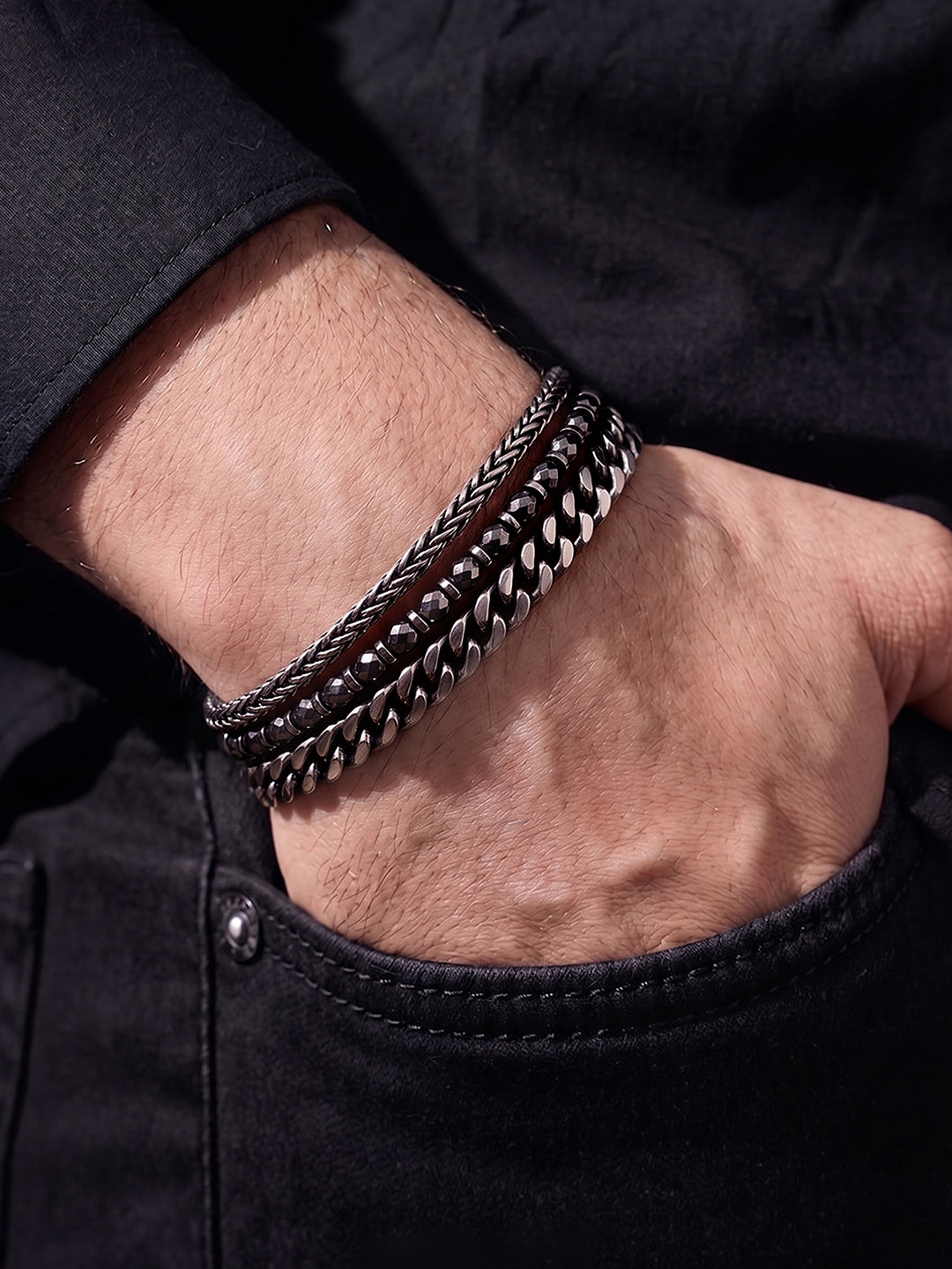 Evran Chain Beaded Silver - Black Men’s Bracelet Set